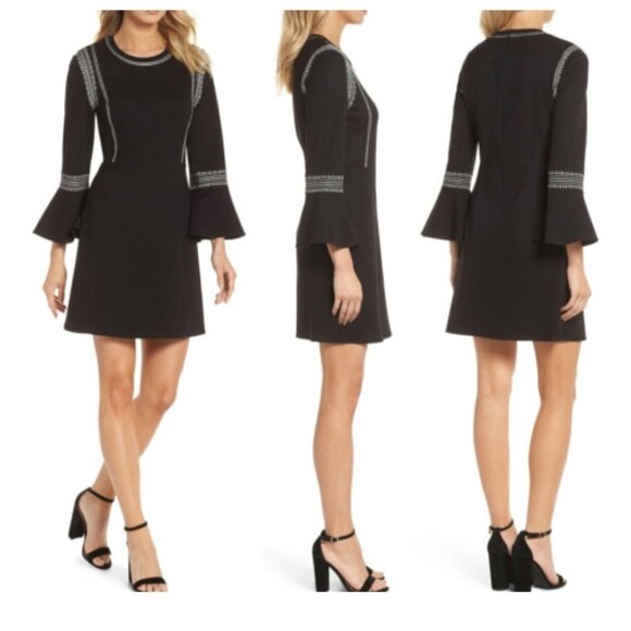 Kobi Halperin Dress Sz Small Bell Sleeve Stretch Knit Embroidered Above the Knee - Picture 2 of 7
